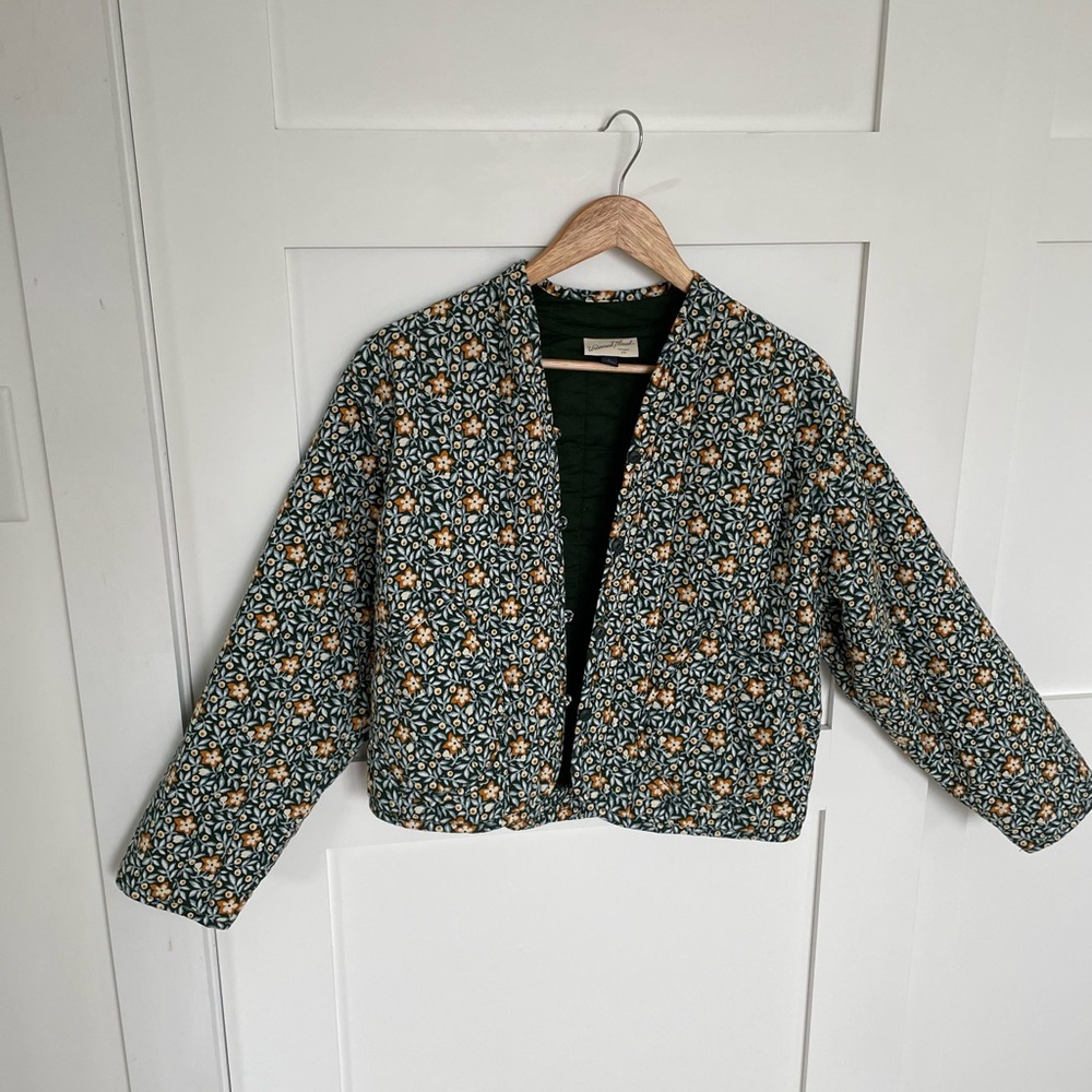 Universal Thread Green Quilted Floral-Trim Jacket